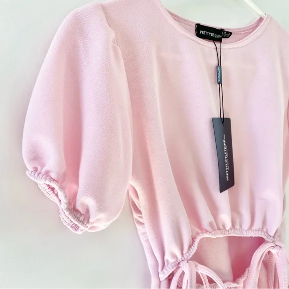 NWT PrettyLittleThing Baby Pink Puff Sleeve Cut Out Tie Sweatshirt Mini Dress 0 - Picture 5 of 12